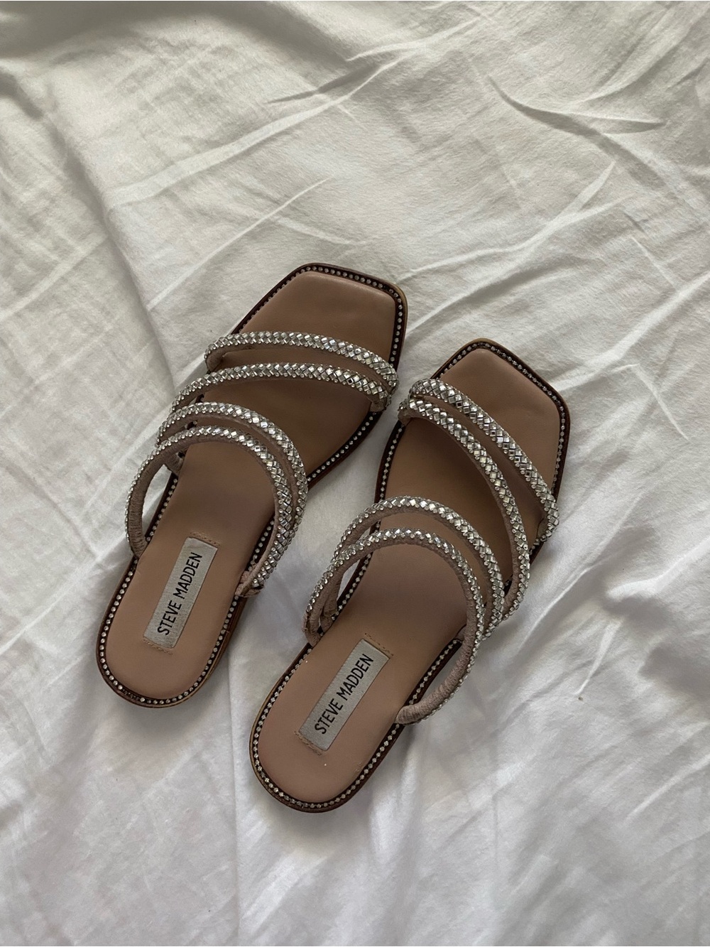 Steve Madden Tan Crystal-Strap Slide Sandals